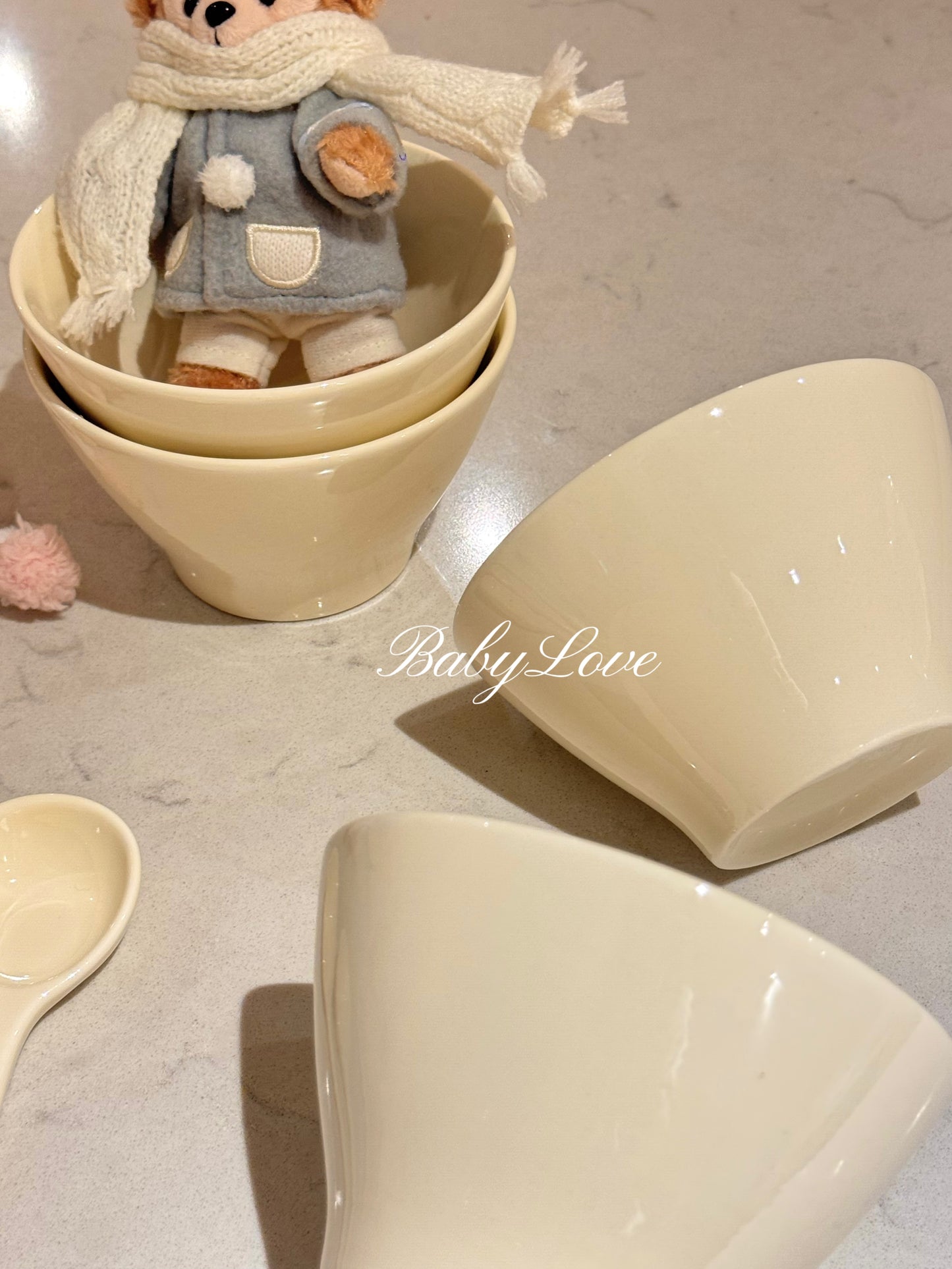 Cream Ceramic Bowl and Spoon Set