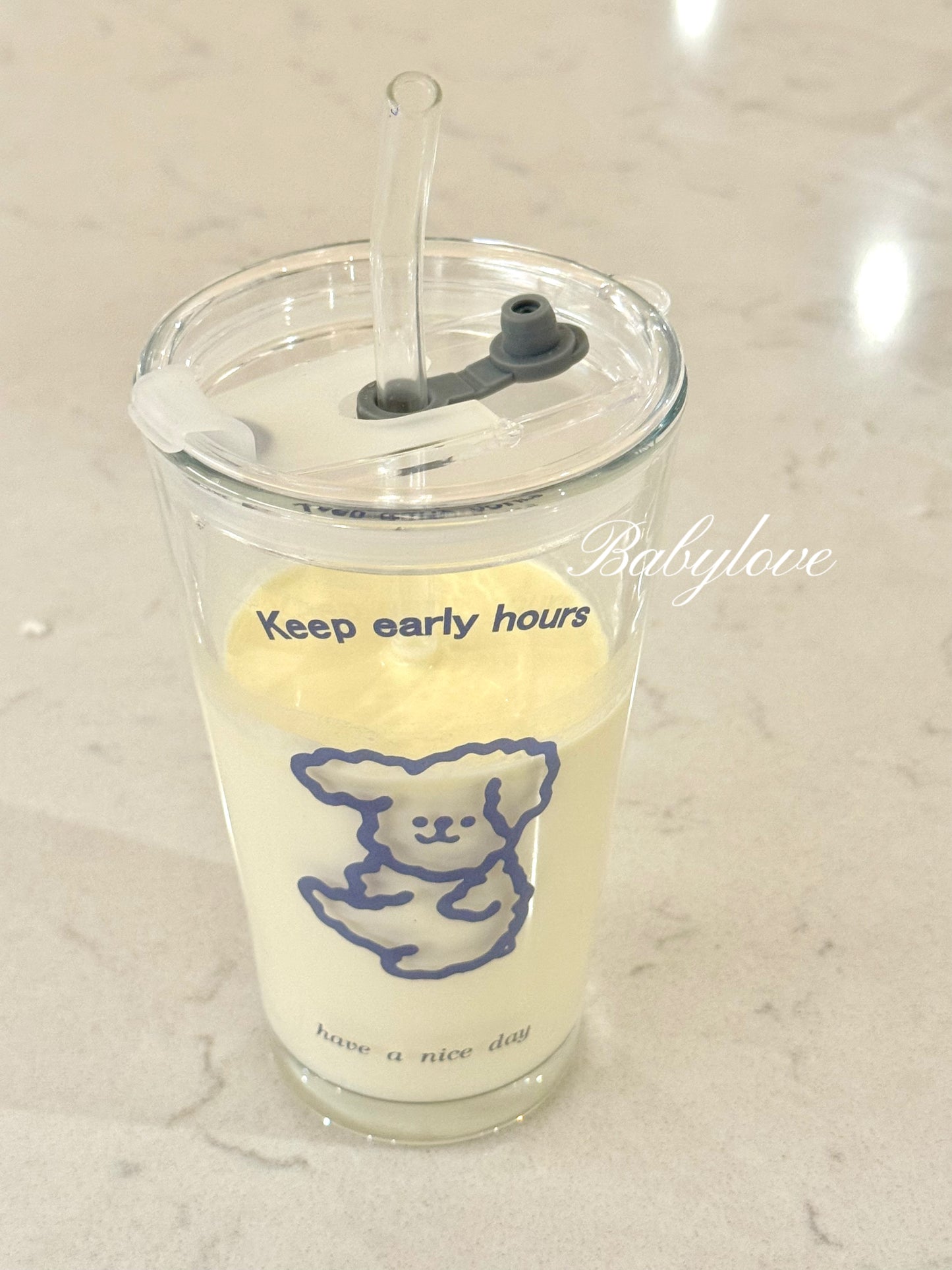Cute Bear Glass Cup with Lid and Straw – Large Capacity 🐻🥤