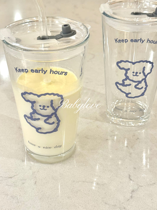 Cute Bear Glass Cup with Lid and Straw – Large Capacity 🐻🥤