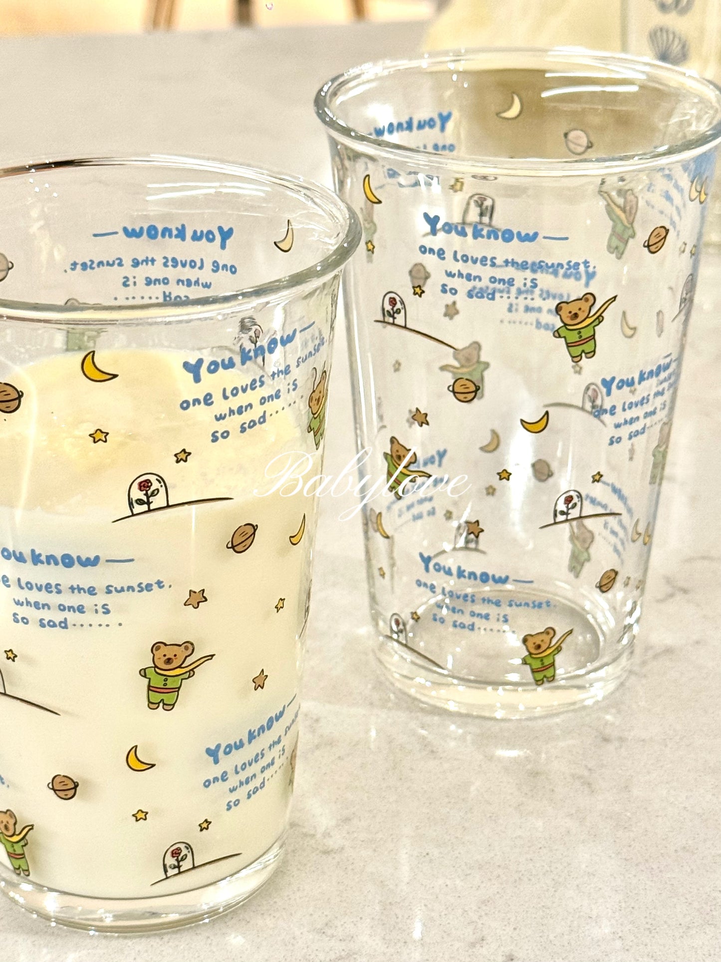 The Little Prince Inspired Glass Cup – Cute Cartoon Design 🌙⭐️🐻