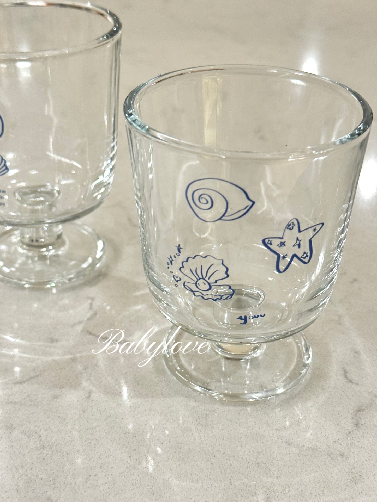 Coastal Charm Glass Cup – With Cute Blue Illustrations