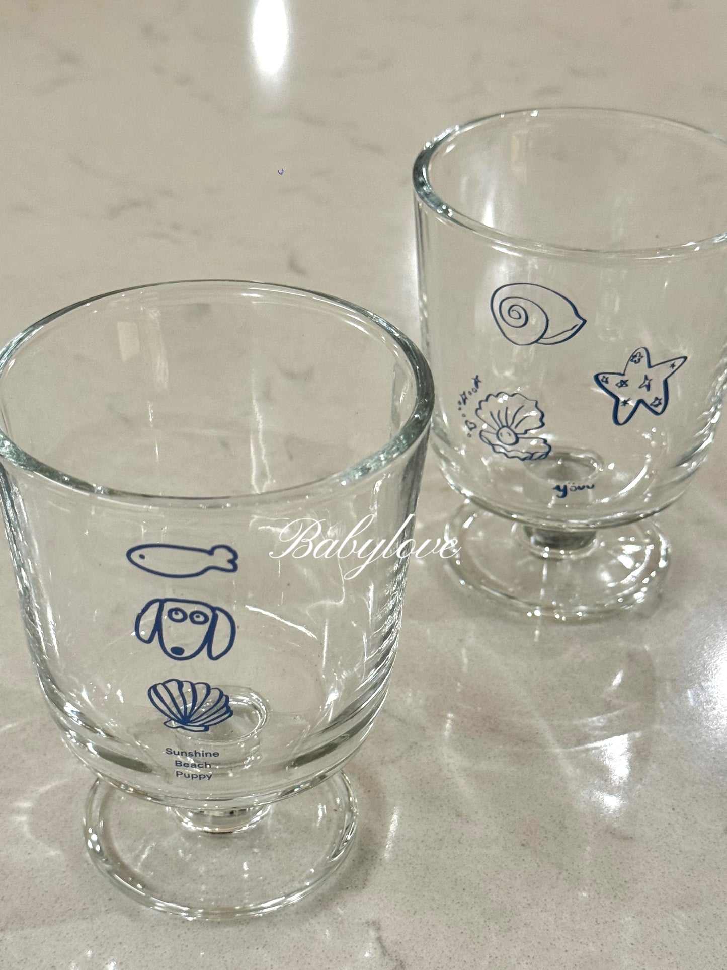 Coastal Charm Glass Cup – With Cute Blue Illustrations
