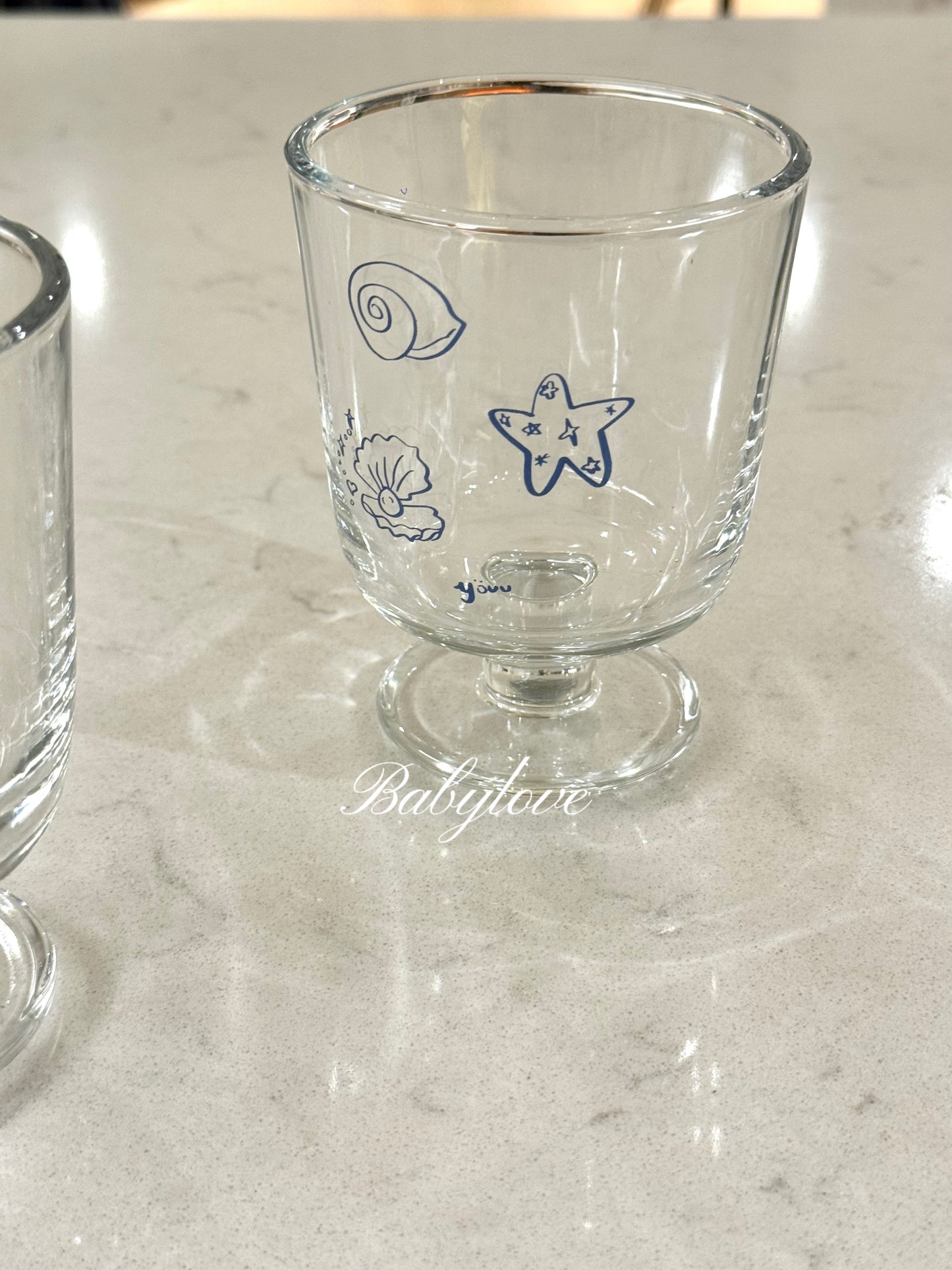 Coastal Charm Glass Cup – With Cute Blue Illustrations
