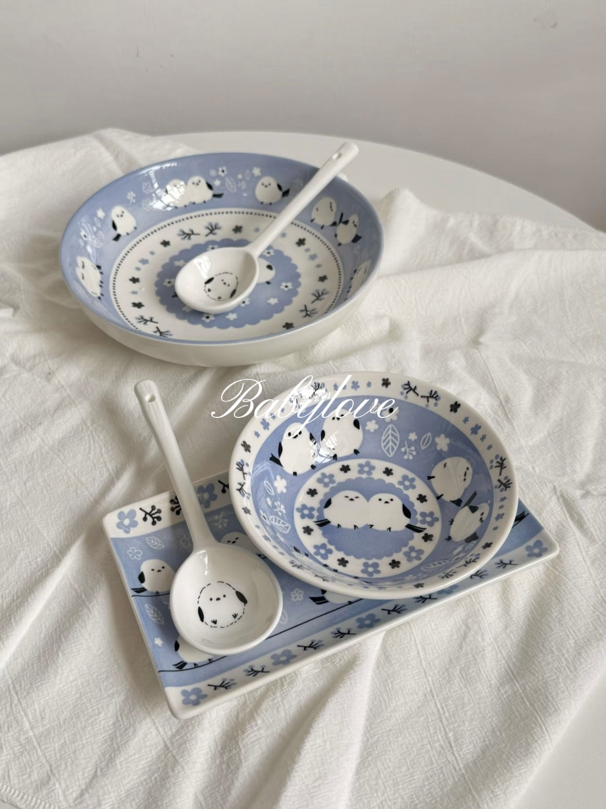 Blue Bird Ceramic Tableware Set – Bowl, Plate and Spoon