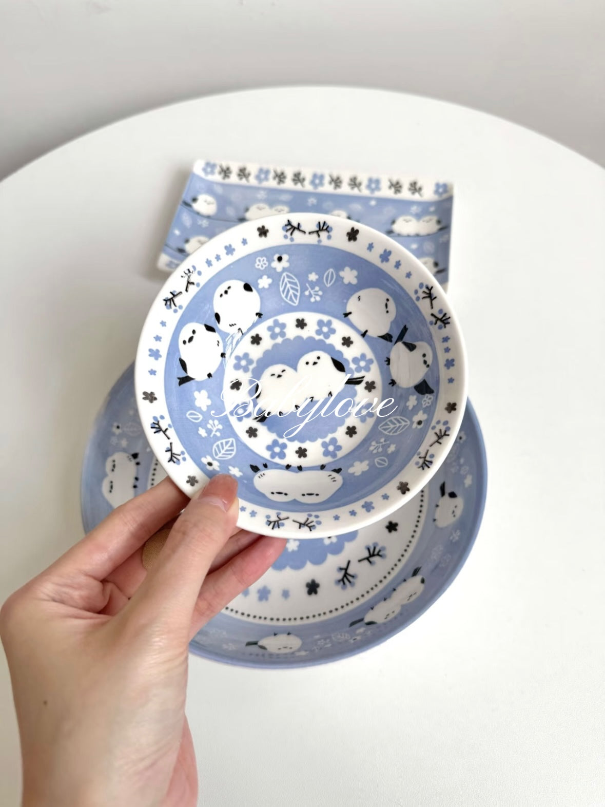 Blue Bird Ceramic Tableware Set – Bowl, Plate and Spoon