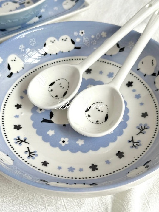 Blue Bird Ceramic Tableware Set – Bowl, Plate and Spoon
