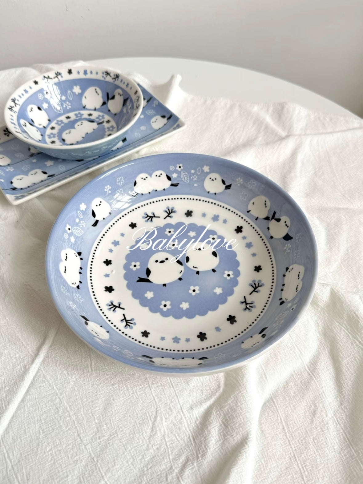 Blue Bird Ceramic Tableware Set – Bowl, Plate and Spoon