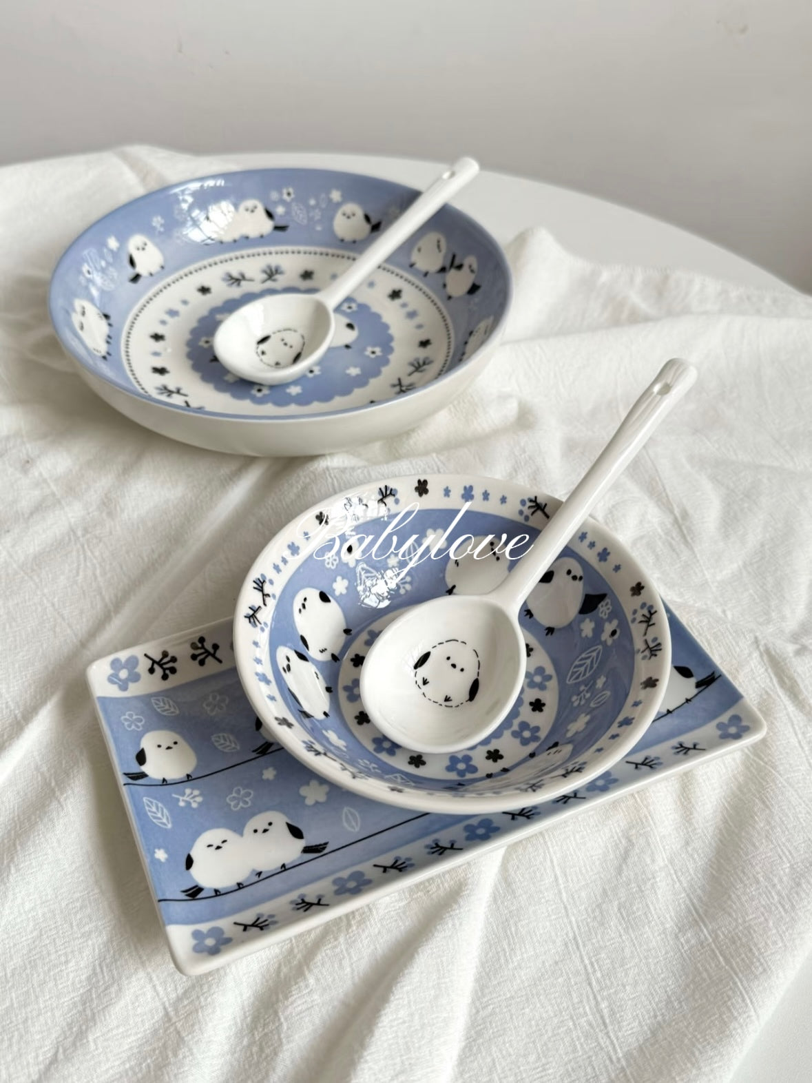 Blue Bird Ceramic Tableware Set – Bowl, Plate and Spoon