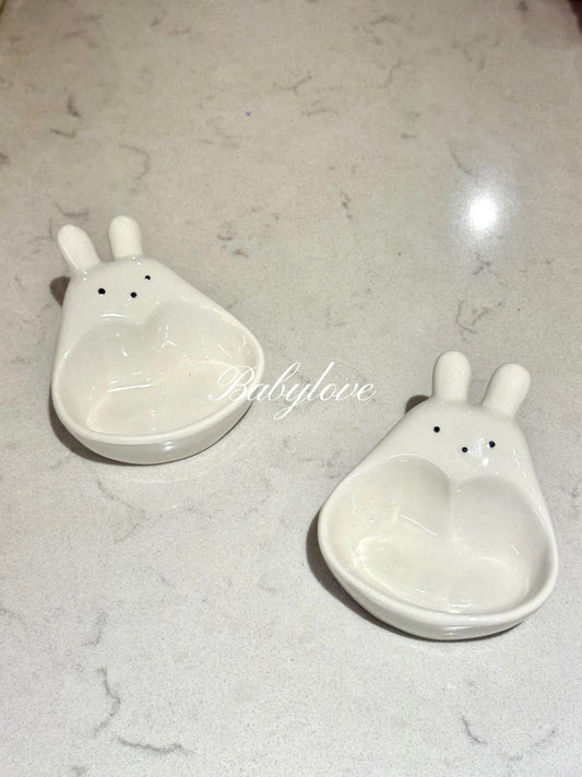 Cute Bunny Ear Ceramic Sauce Dish – Divided Condiment &amp; Snack Plate