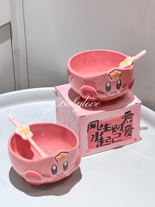 Pink Kirby-Inspired Ceramic Bowl with Star Spoon – Cute Anime Tableware