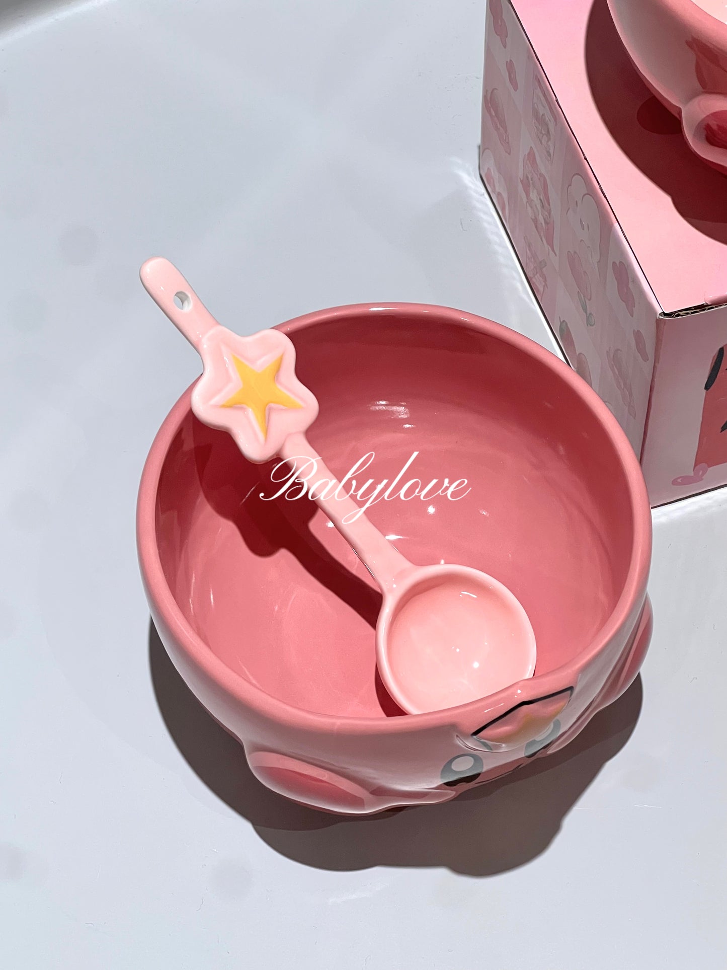 Pink Kirby-Inspired Ceramic Bowl with Star Spoon – Cute Anime Tableware