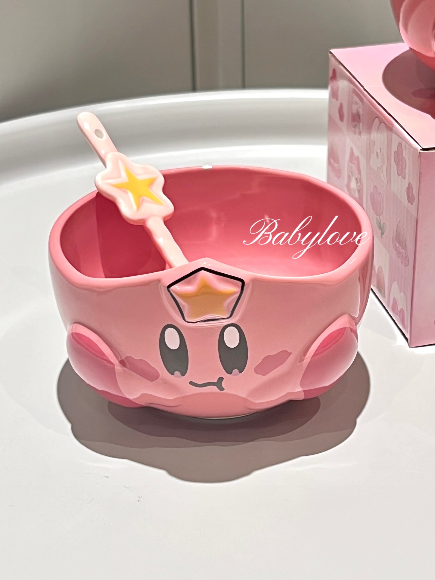 Pink Kirby-Inspired Ceramic Bowl with Star Spoon – Cute Anime Tableware