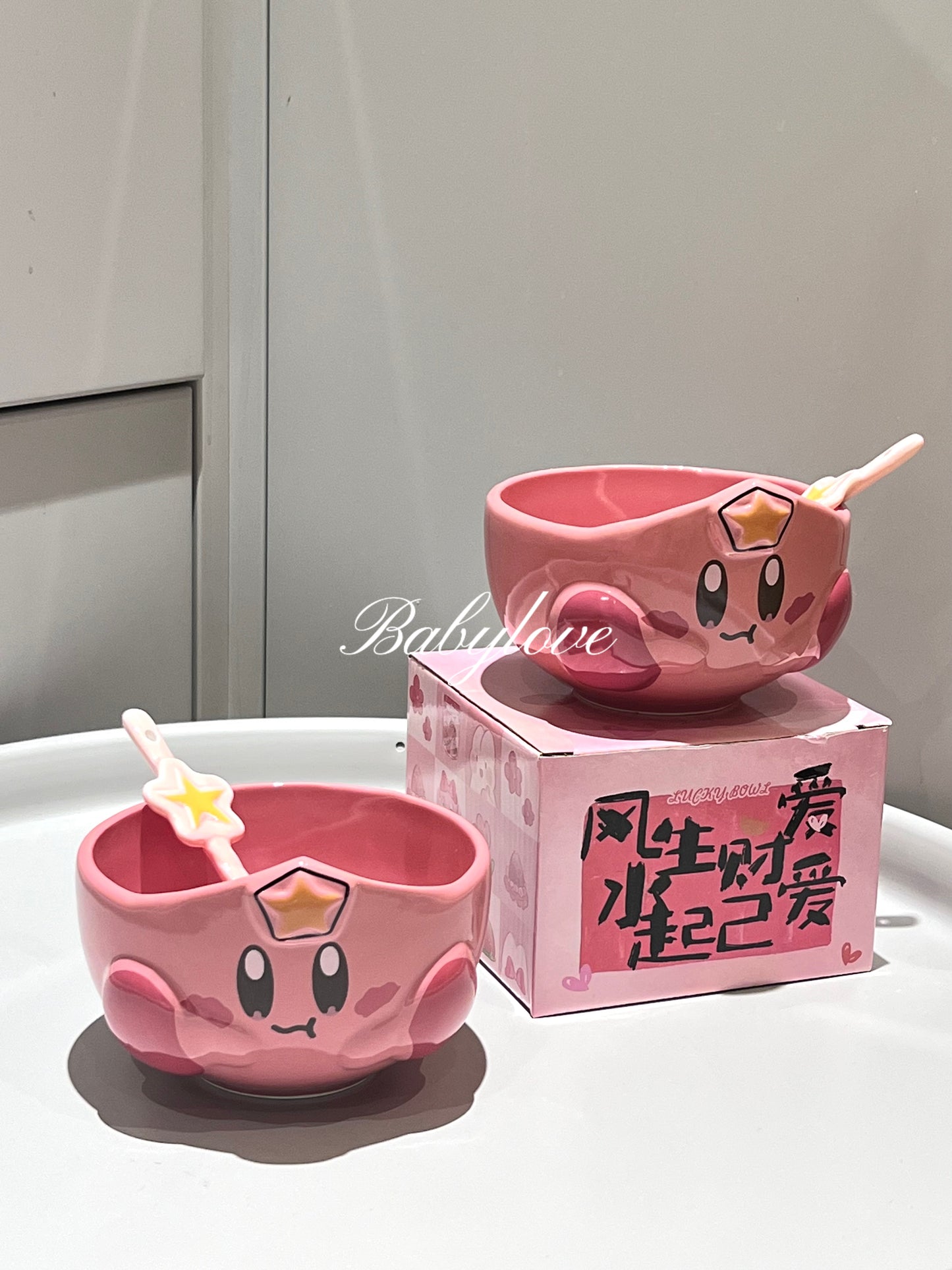 Pink Kirby-Inspired Ceramic Bowl with Star Spoon – Cute Anime Tableware