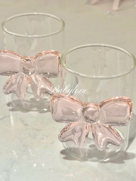 Pink Bow Glass Cup – Elegant 3D Ribbon Design for Drinks and Desserts