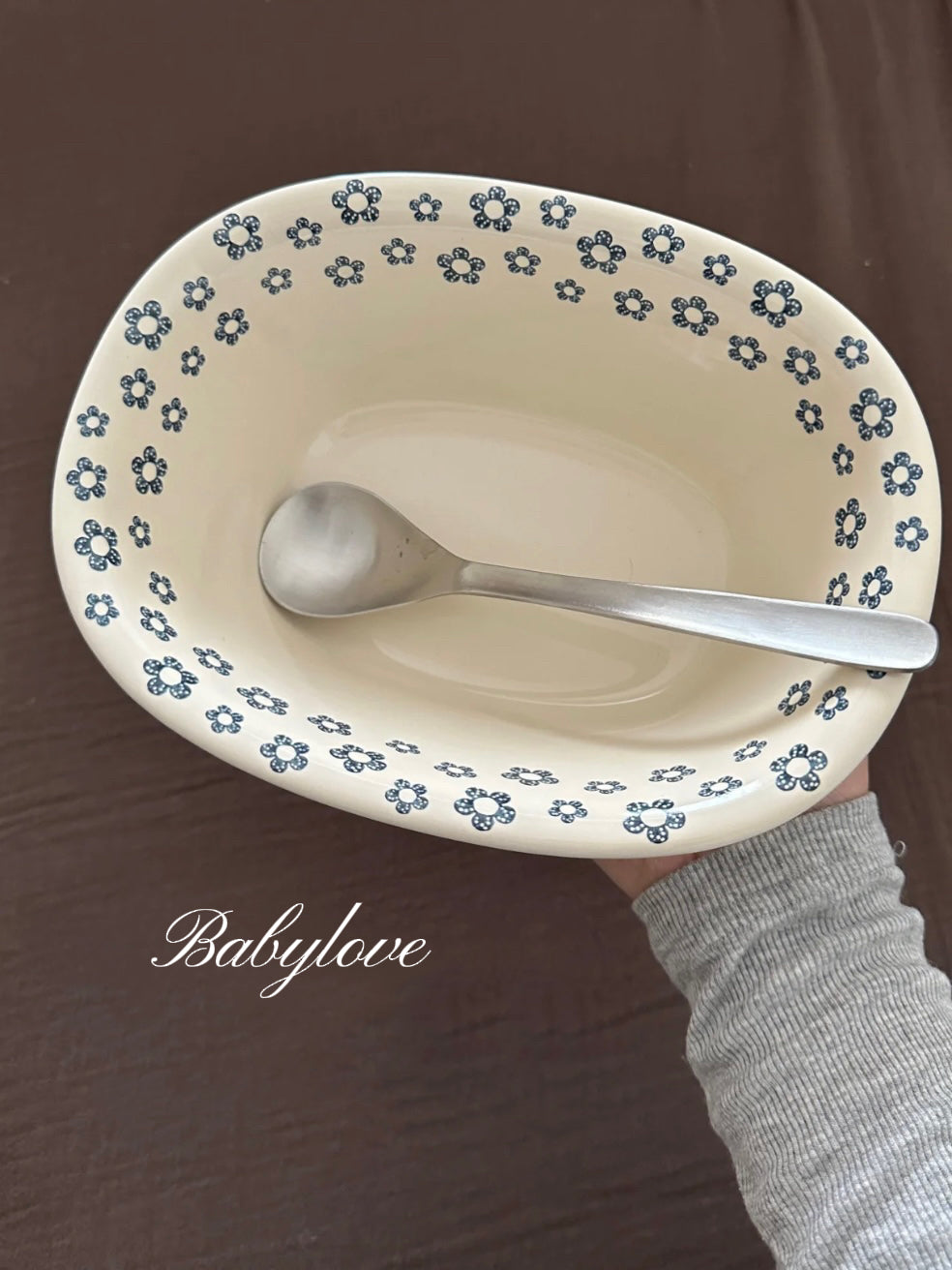 Vintage Blue Floral Oval Ceramic Bowl
