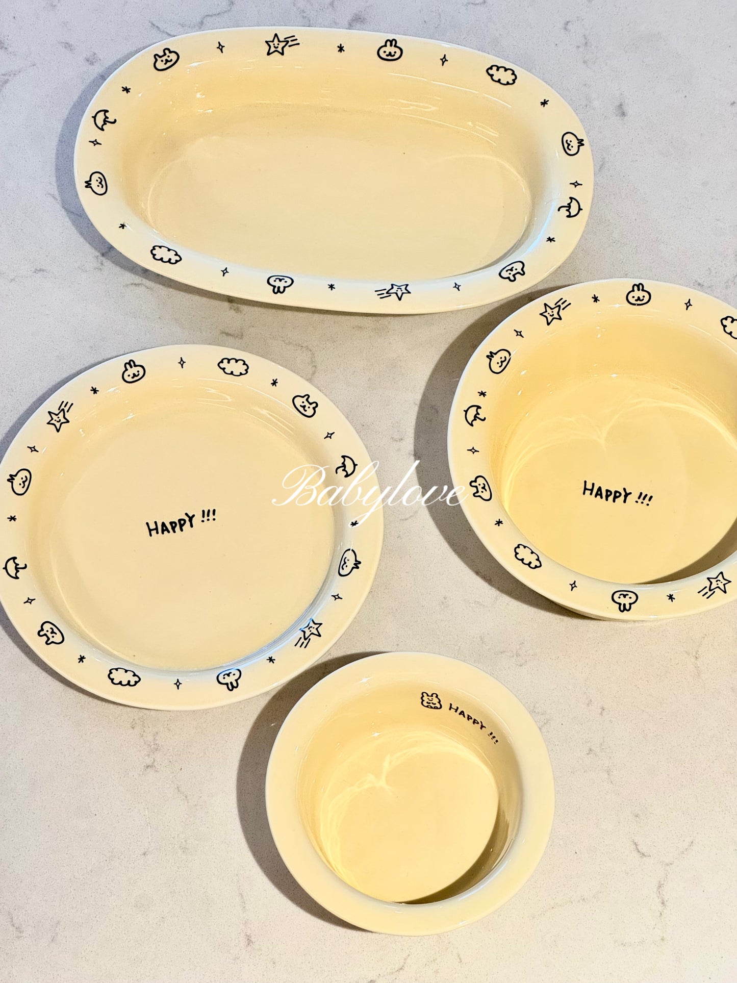 🌟 “HAPPY!!!” Ceramic Tableware Set – Cute Hand-Drawn Style Bowls & Plates