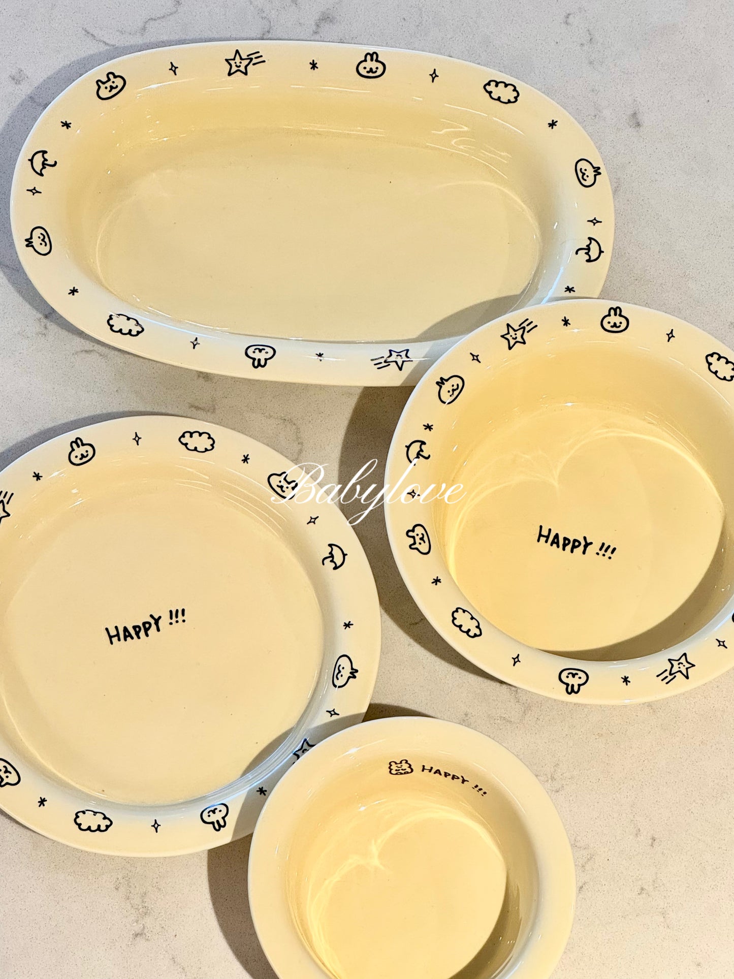 🌟 “HAPPY!!!” Ceramic Tableware Set – Cute Hand-Drawn Style Bowls & Plates