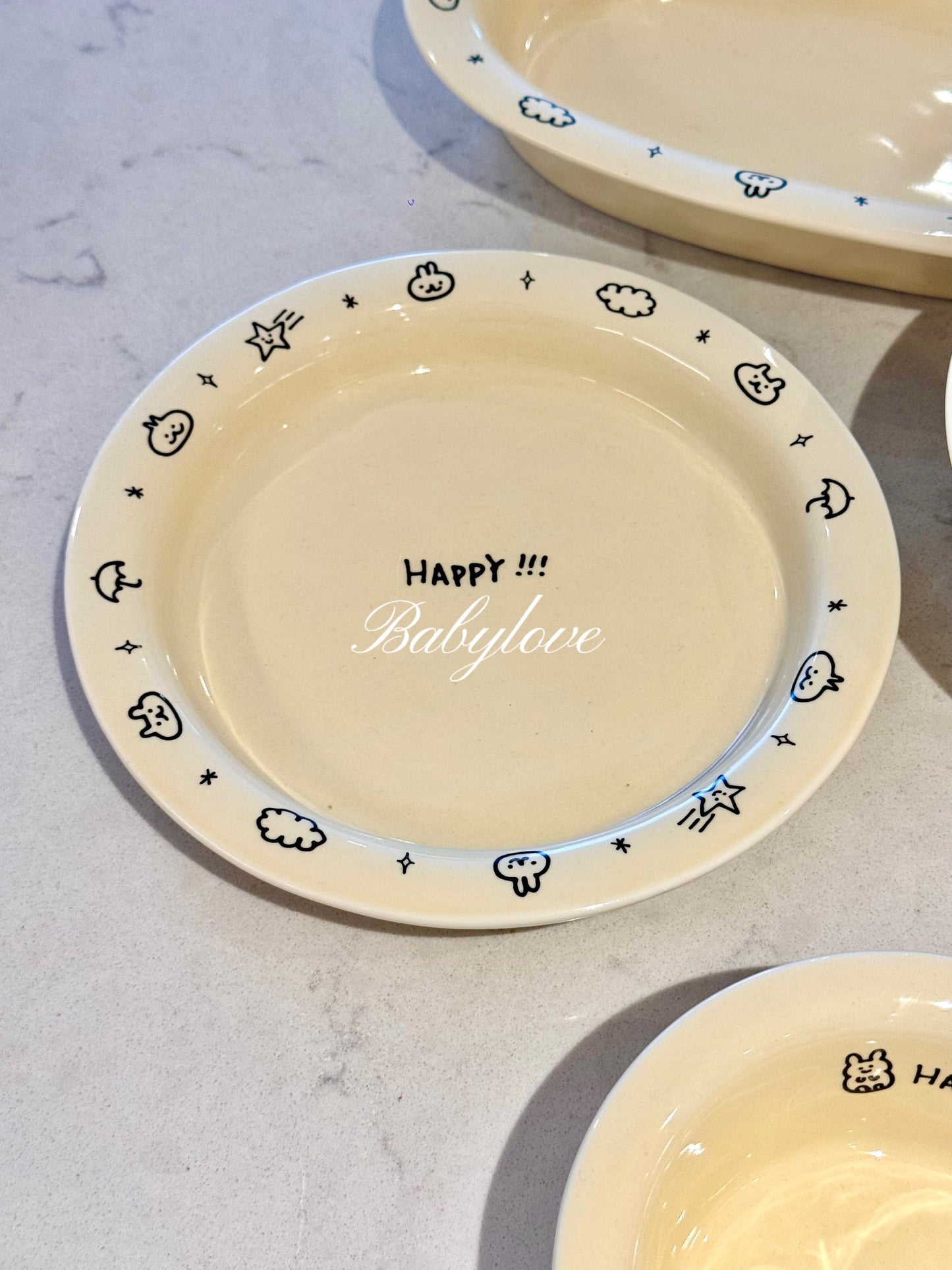 🌟 “HAPPY!!!” Ceramic Tableware Set – Cute Hand-Drawn Style Bowls & Plates