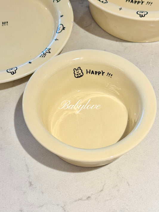 🌟 “HAPPY!!!” Ceramic Tableware Set – Cute Hand-Drawn Style Bowls & Plates