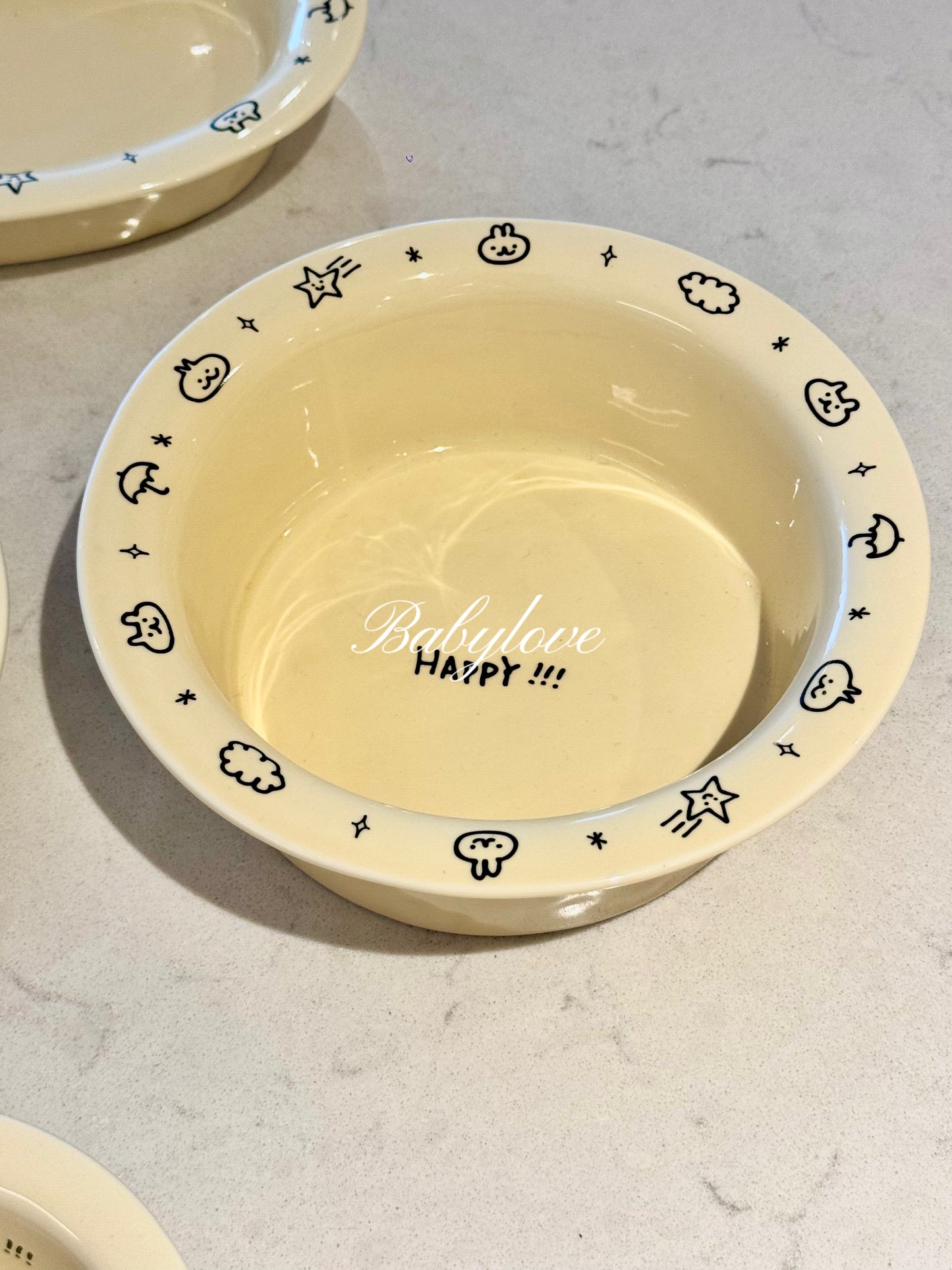 🌟 “HAPPY!!!” Ceramic Tableware Set – Cute Hand-Drawn Style Bowls & Plates
