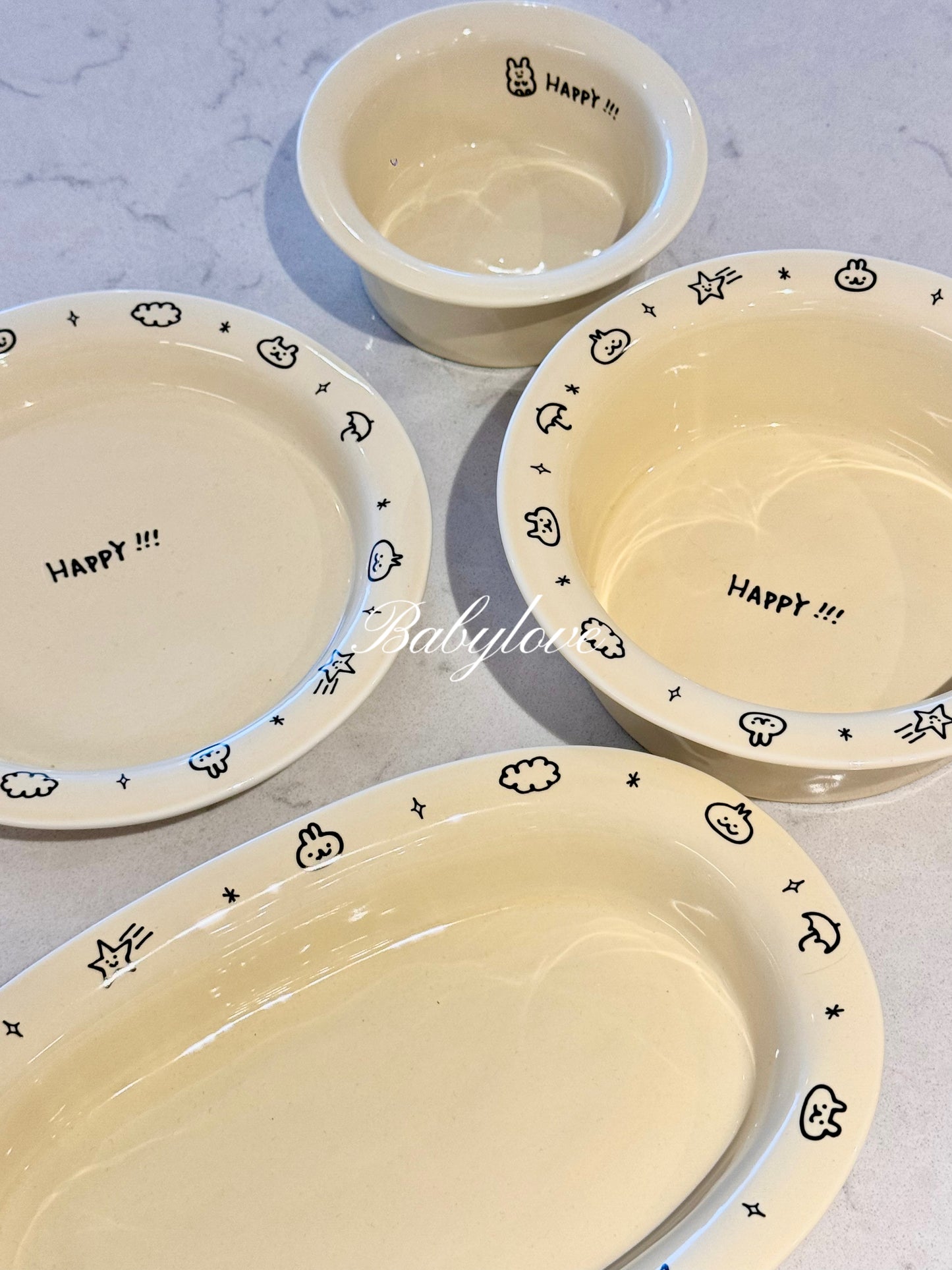 🌟 “HAPPY!!!” Ceramic Tableware Set – Cute Hand-Drawn Style Bowls & Plates