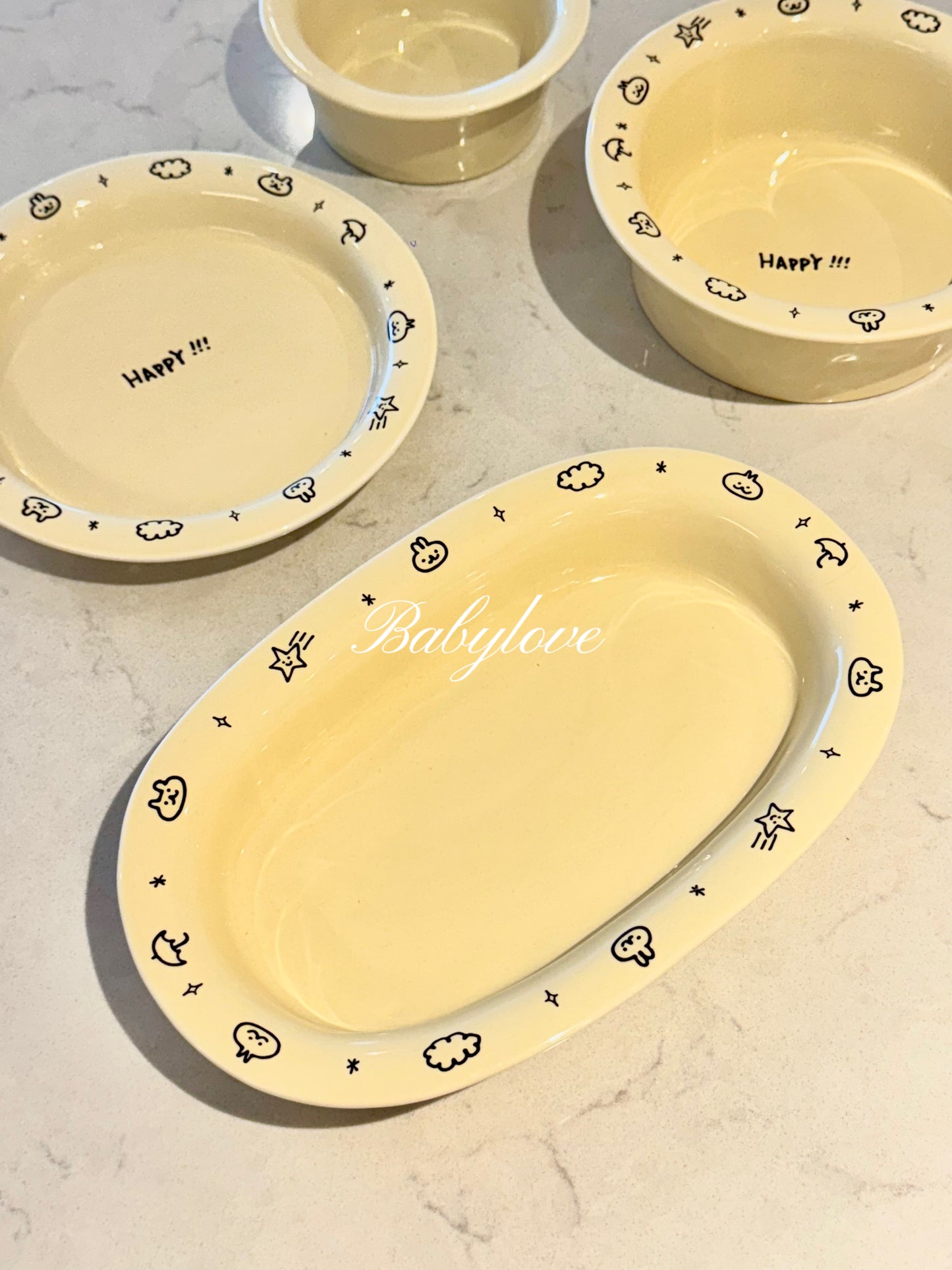 🌟 “HAPPY!!!” Ceramic Tableware Set – Cute Hand-Drawn Style Bowls & Plates