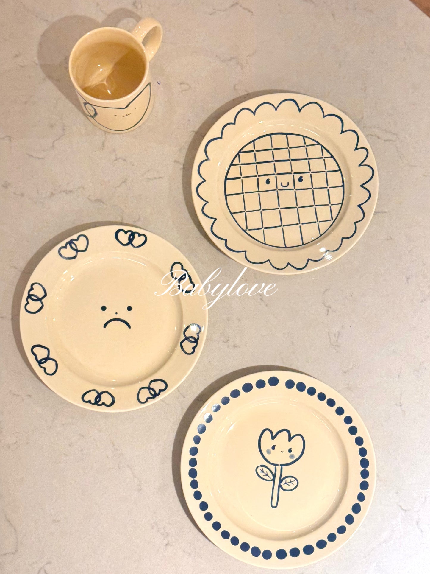Cute Cartoon Ceramic Plate Set – Happy Waffle, Sad Face, and Flower Design