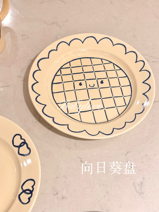 Cute Cartoon Ceramic Plate Set – Happy Waffle, Sad Face, and Flower Design