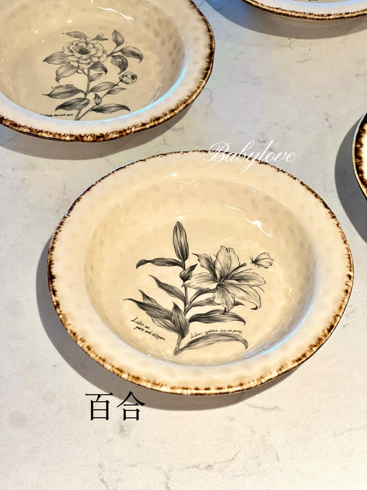 Vintage Botanical Deep Plate Set- 8.5 inches